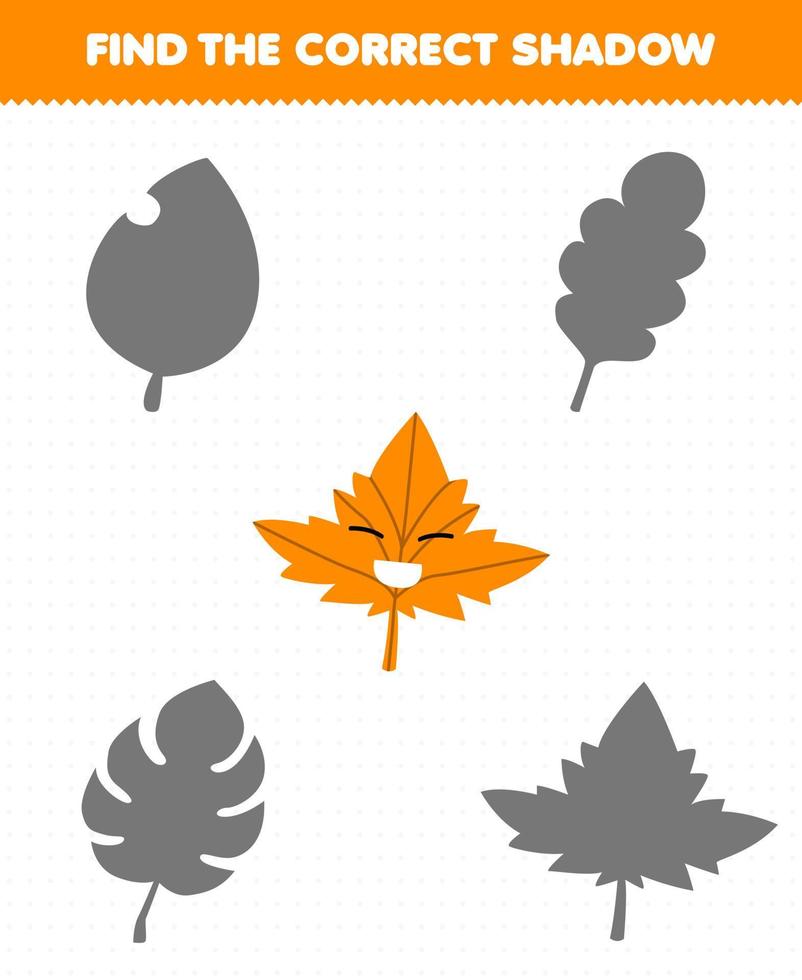 Education game for children find the correct shadow set of cute cartoon maple leaf printable nature worksheet vector