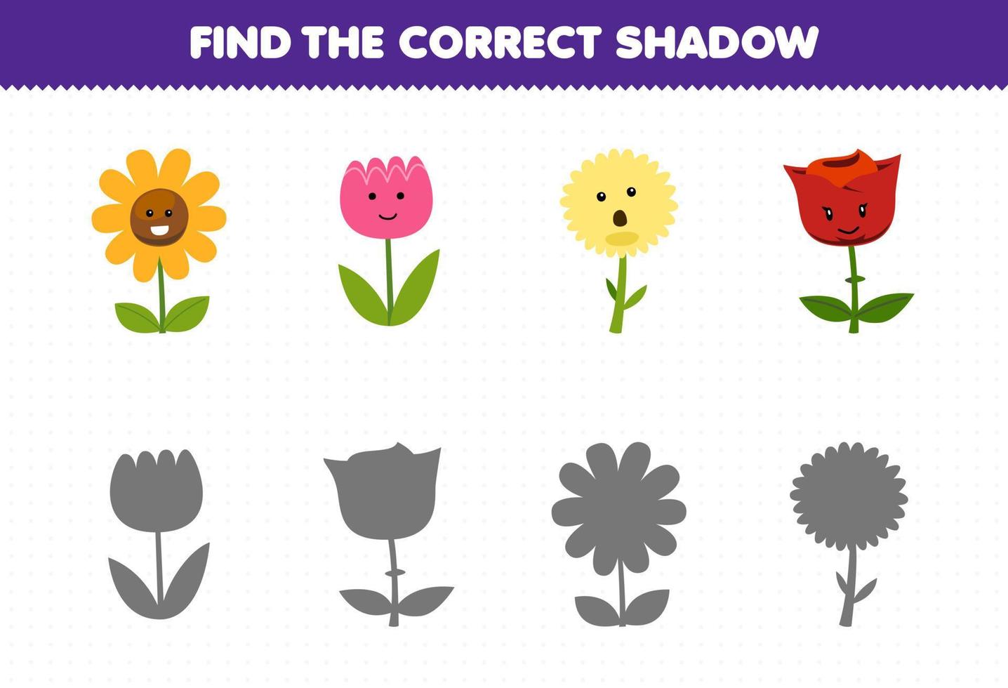 Education game for children find the correct shadow set of cute cartoon flower printable nature worksheet vector