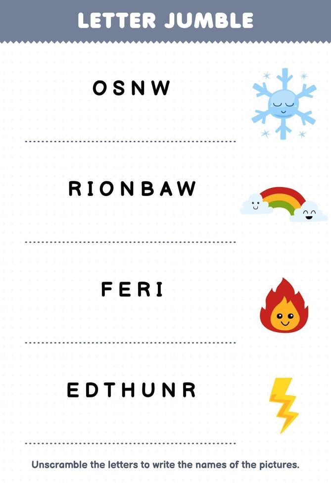 juego educativo para niños revoltijo de letras escribe el nombre correcto para la hoja de trabajo imprimible de la naturaleza del copo de nieve de dibujos animados lindo arco iris fuego trueno vector