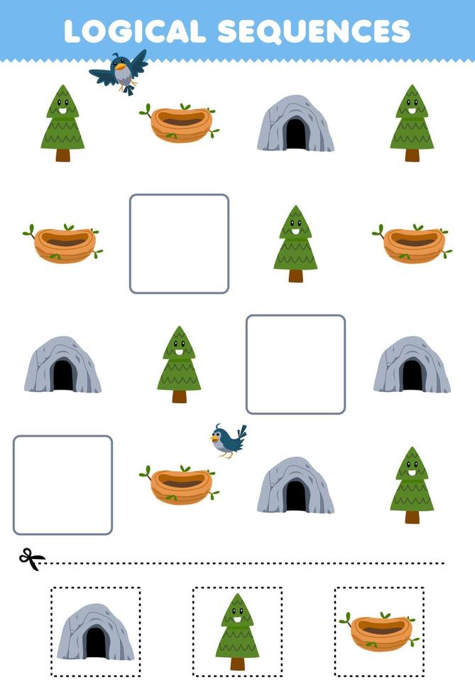 Education game for children logical sequences for kids with cute cartoon cave tree bird nest printable nature worksheet vector
