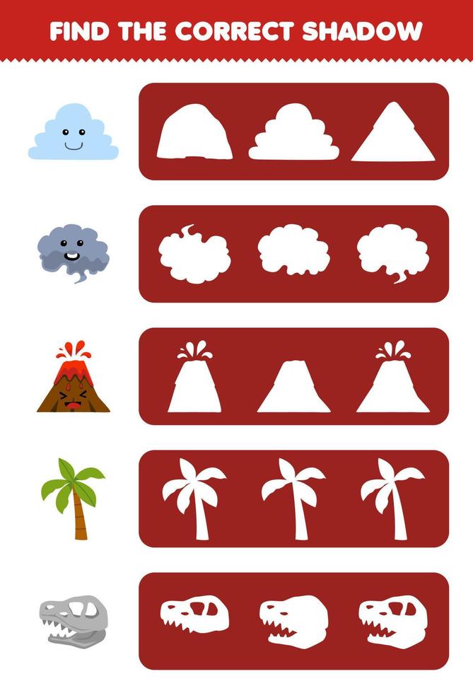 Education game for children find the correct shadow silhouette of cute cartoon cloud smoke volcano tree fossil printable nature worksheet vector