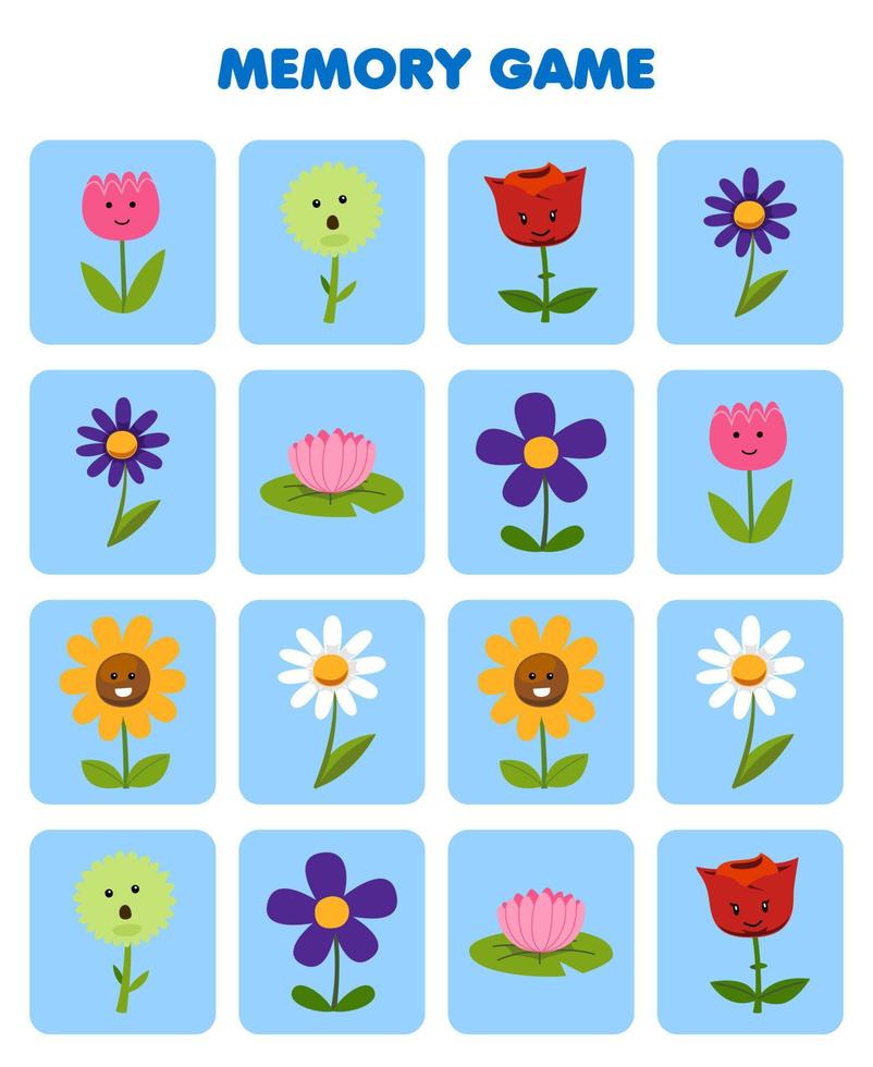 Education game for children memory to find similar pictures of cute cartoon flower printable nature worksheet vector