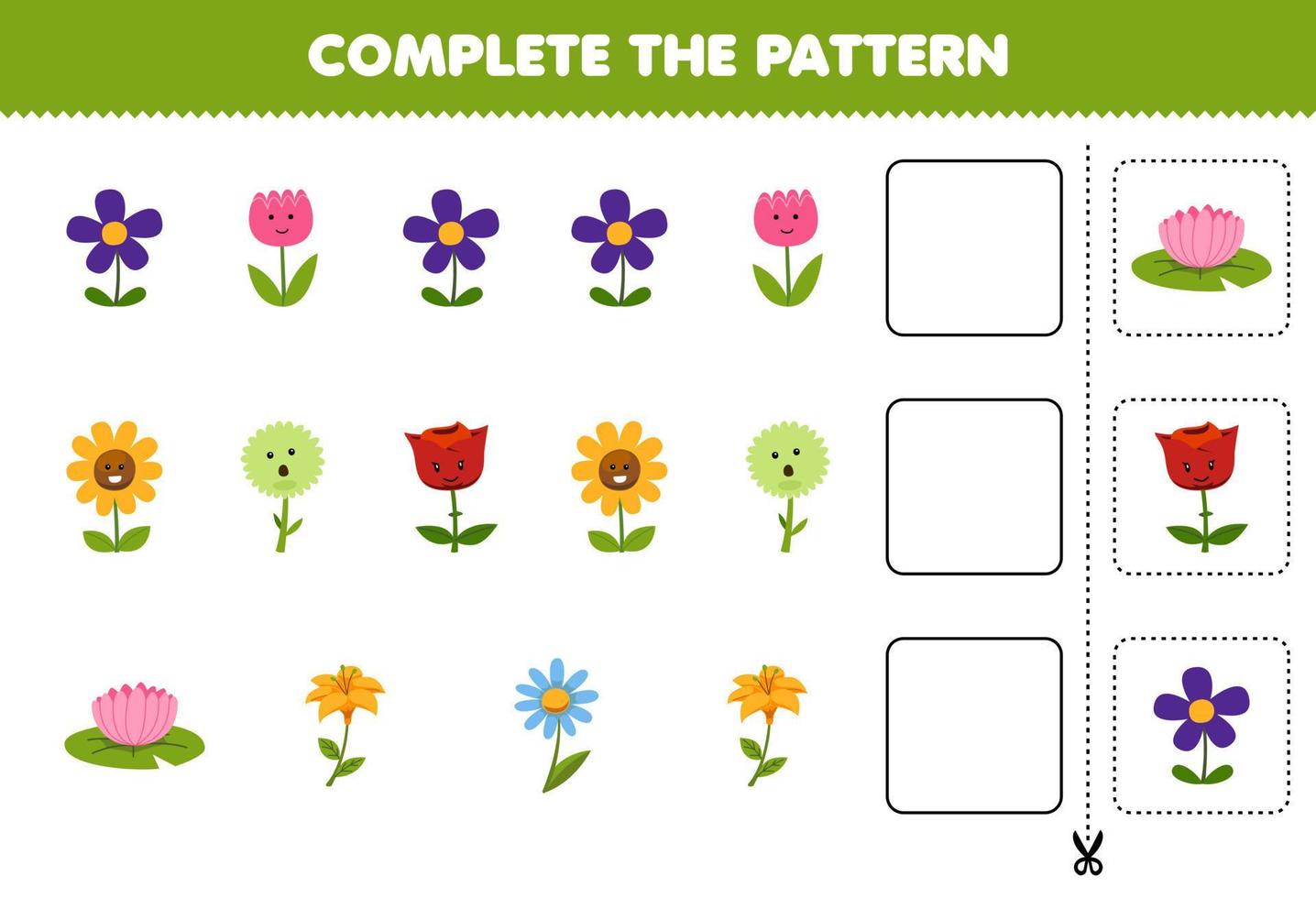 Education game for children cut and complete the pattern of each row from a cute cartoon flower worksheet vector