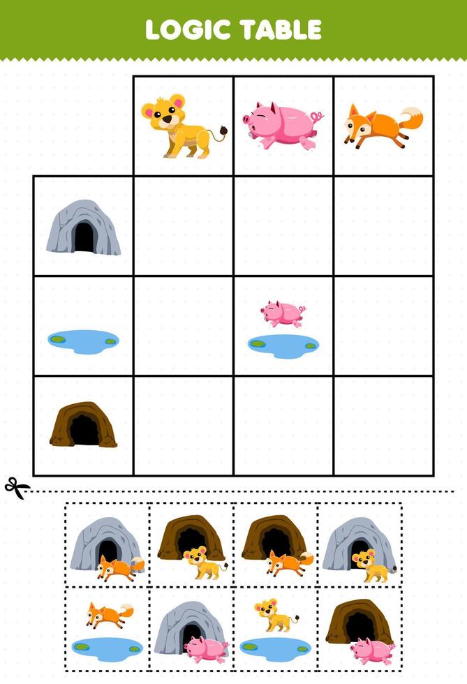 Education game for children logic table cartoon lion cub pig and fox match with cave pond or den printable nature worksheet vector