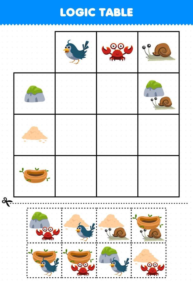 juego educativo para niños tabla lógica dibujos animados pájaro cangrejo caracol emparejar con piedra arena o nido hoja de trabajo de naturaleza imprimible vector