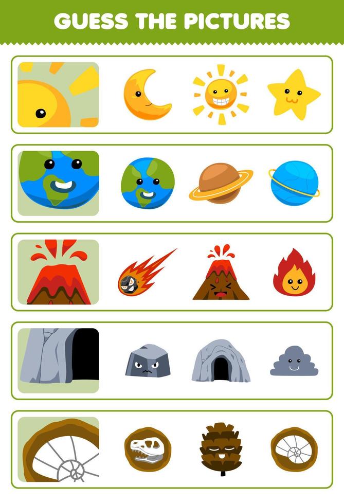 Education game for children guess the correct pictures of cute cartoon sun earth volcano cave fossil printable nature worksheet vector