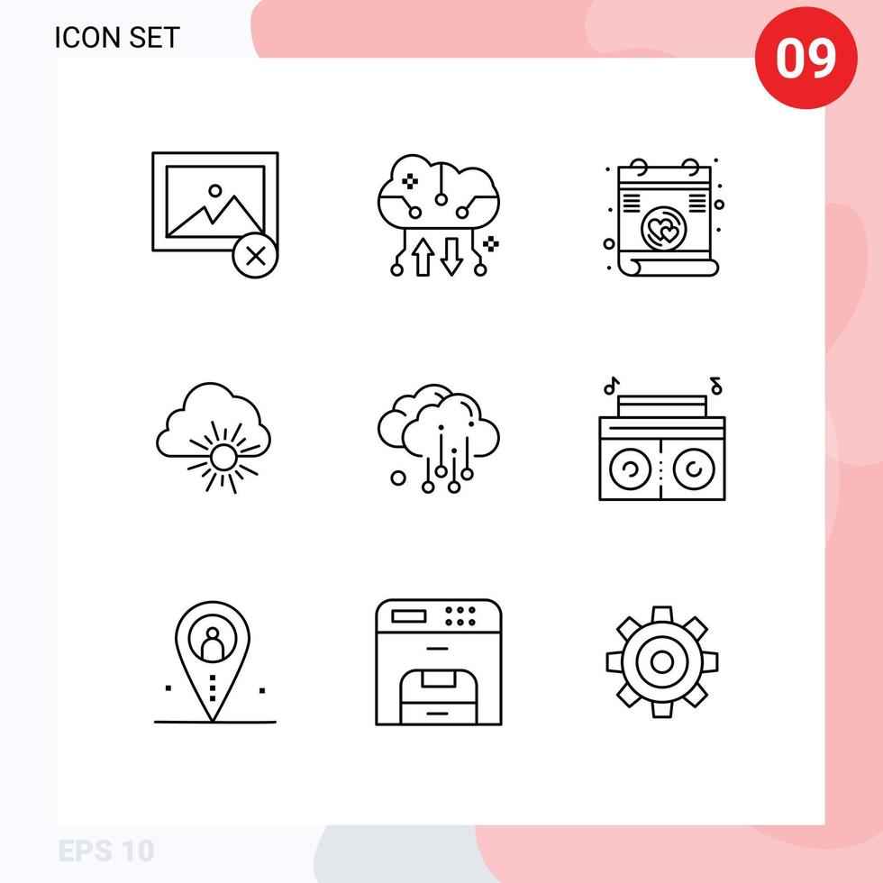 Modern Set of 9 Outlines Pictograph of weather cloud letter sun nature Editable Vector Design Elements