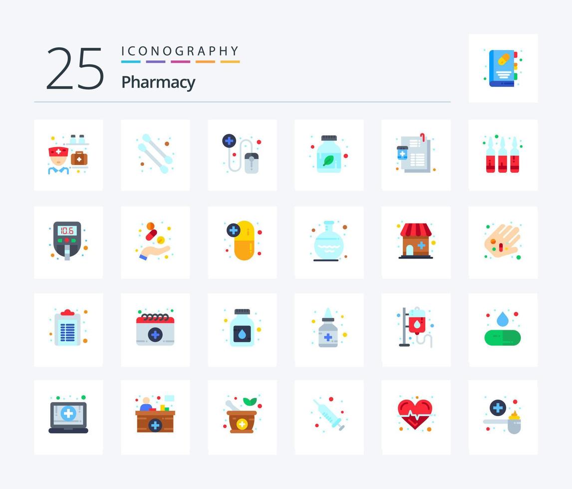 Pharmacy 25 Flat Color icon pack including ampule. medicine. pharmacist. list. herbal medicine vector