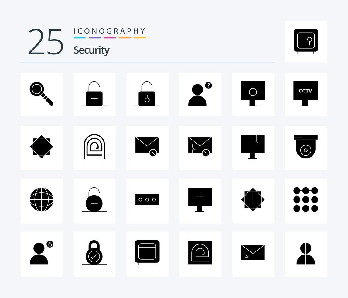 Security 25 Solid Glyph icon pack including spy. camera. anonymous. safety. password vector