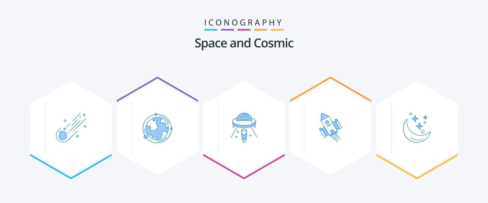 espacio 25 paquete de iconos azules que incluye espacio. nave espacial geografía. Marte. OVNI vector