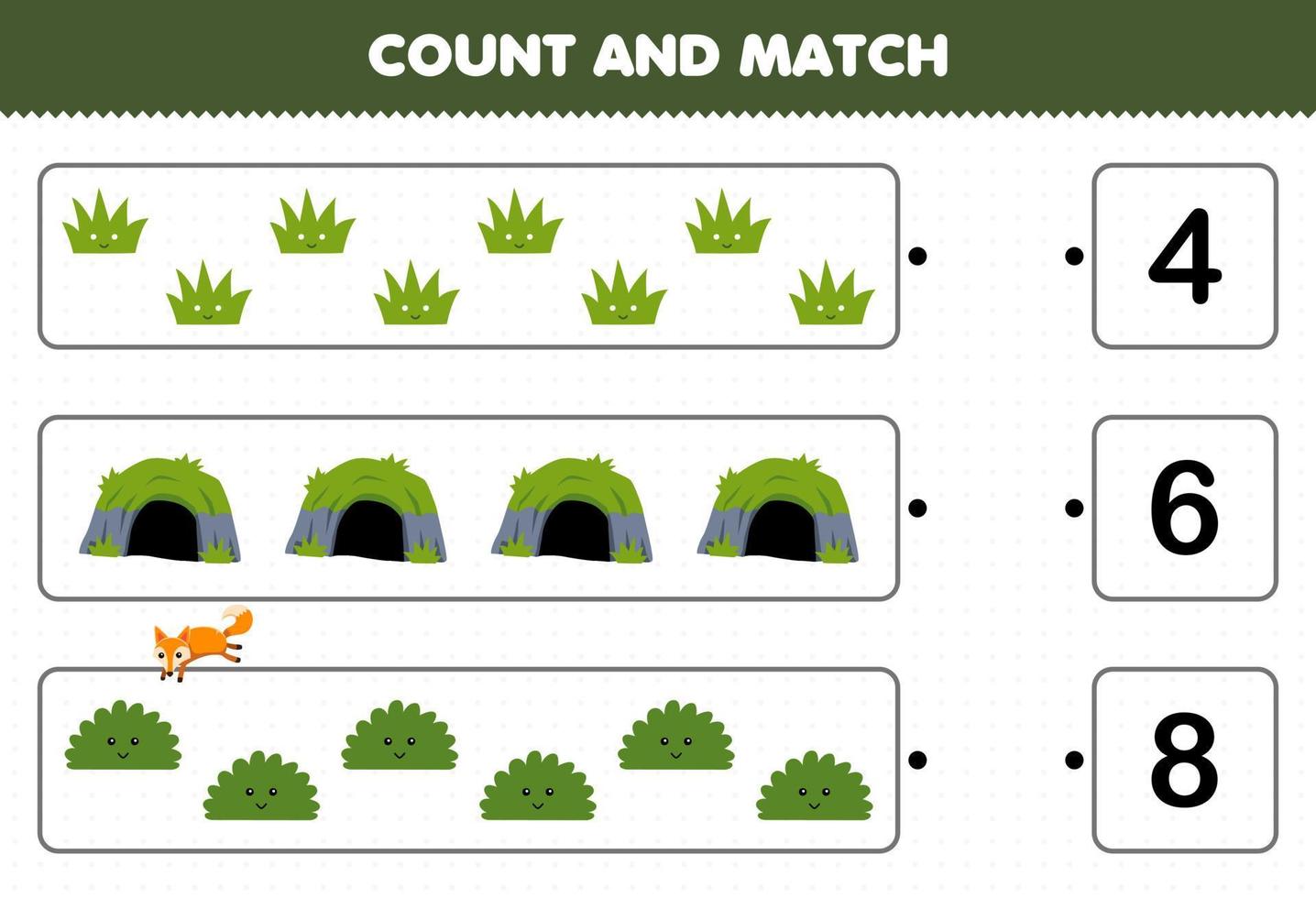 Education game for children count the number of cute cartoon grass cave bush and match with the right numbers printable nature worksheet vector