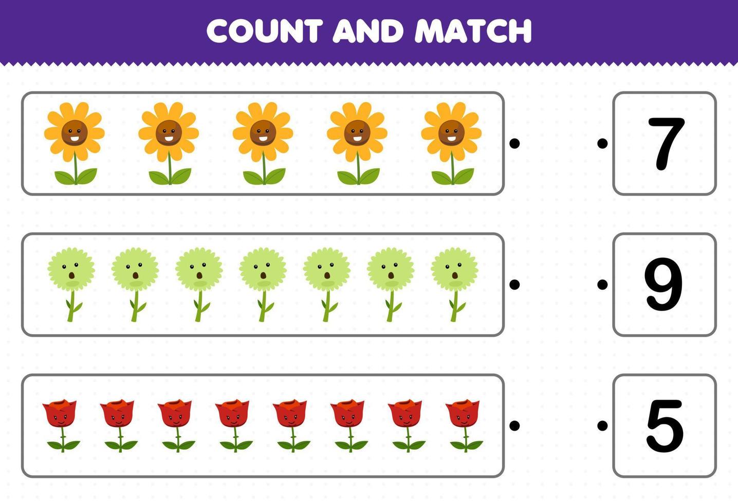 Education game for children count the number of cute cartoon flower and match with the right numbers printable nature worksheet vector