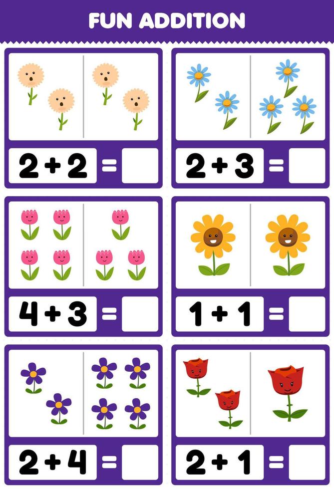 Education game for children fun addition by counting and sum of cute cartoon flower printable nature worksheet vector