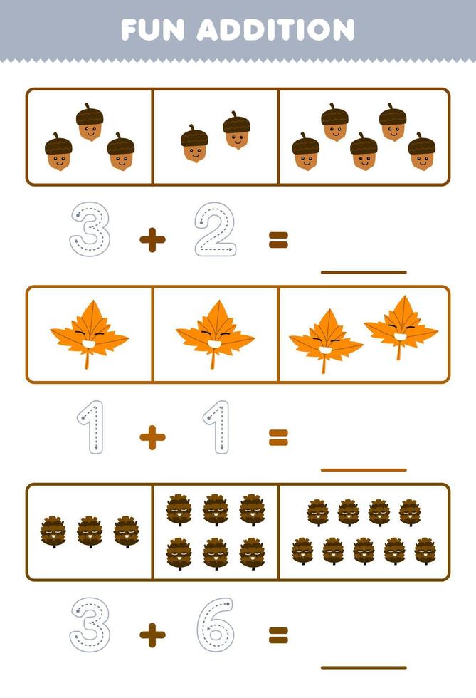Education game for children fun addition by counting and tracing the number of cute cartoon acorn maple leaf pinecone printable nature worksheet vector