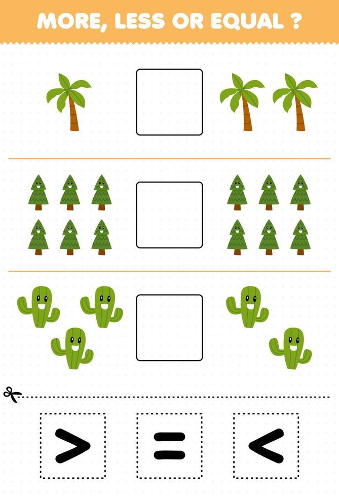 juego educativo para niños cuente más menos o igual del árbol de dibujos animados, luego corte y pegue la hoja de trabajo de la naturaleza del signo correcto vector