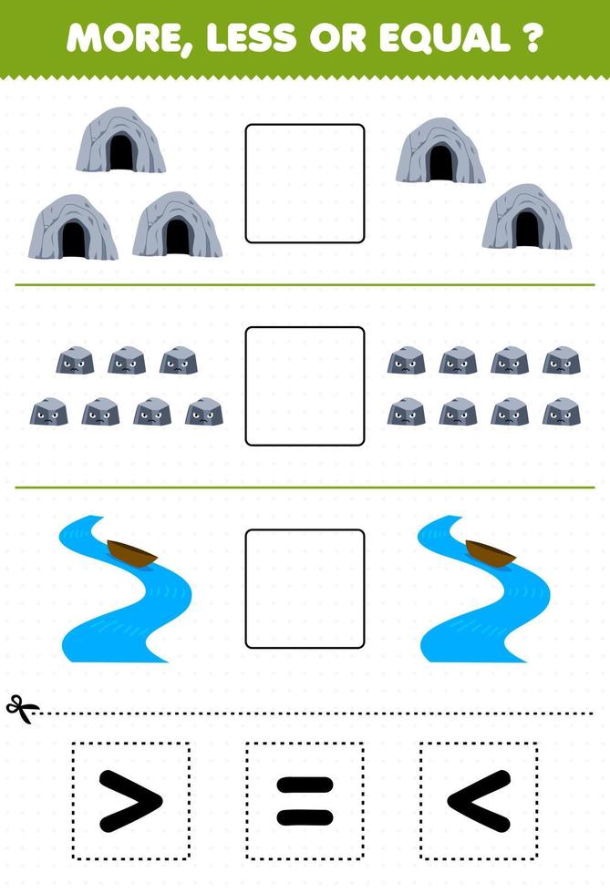 Education game for children count more less or equal of cartoon cave rock river then cut and glue the correct sign nature worksheet vector