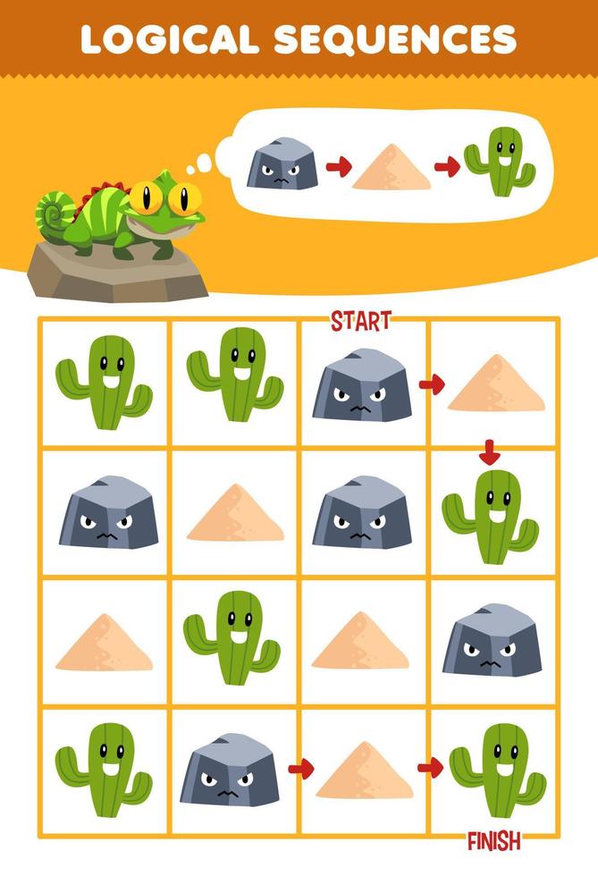 Education game for children logical sequence help cute cartoon iguana sort stone sand and cactus from start to finish printable nature worksheet vector