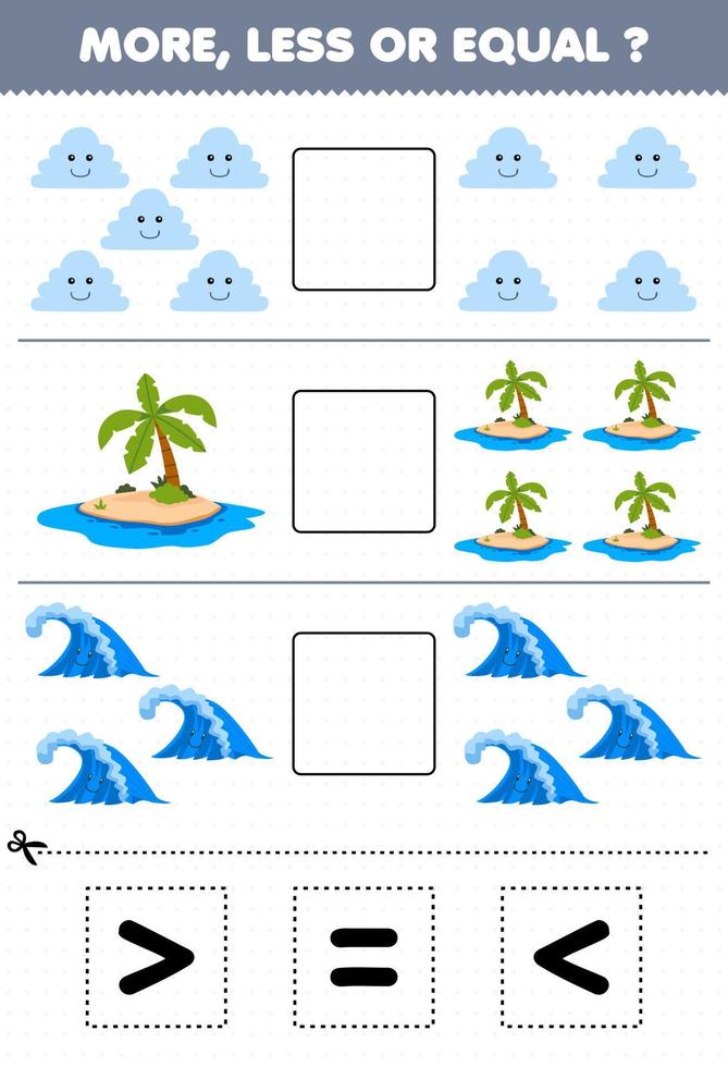 juego educativo para niños cuente más menos o igual a la ola de la isla de la nube de dibujos animados y luego corte y pegue la hoja de trabajo de la naturaleza del signo correcto vector