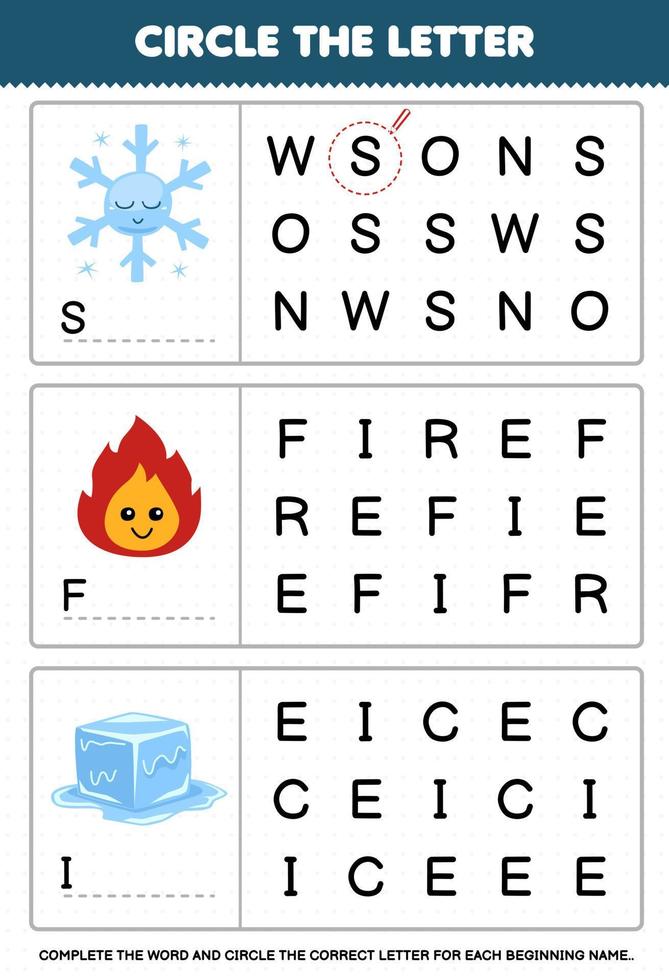 Education game for children circle the beginning letter from cute cartoon snowflake fire ice printable nature worksheet vector