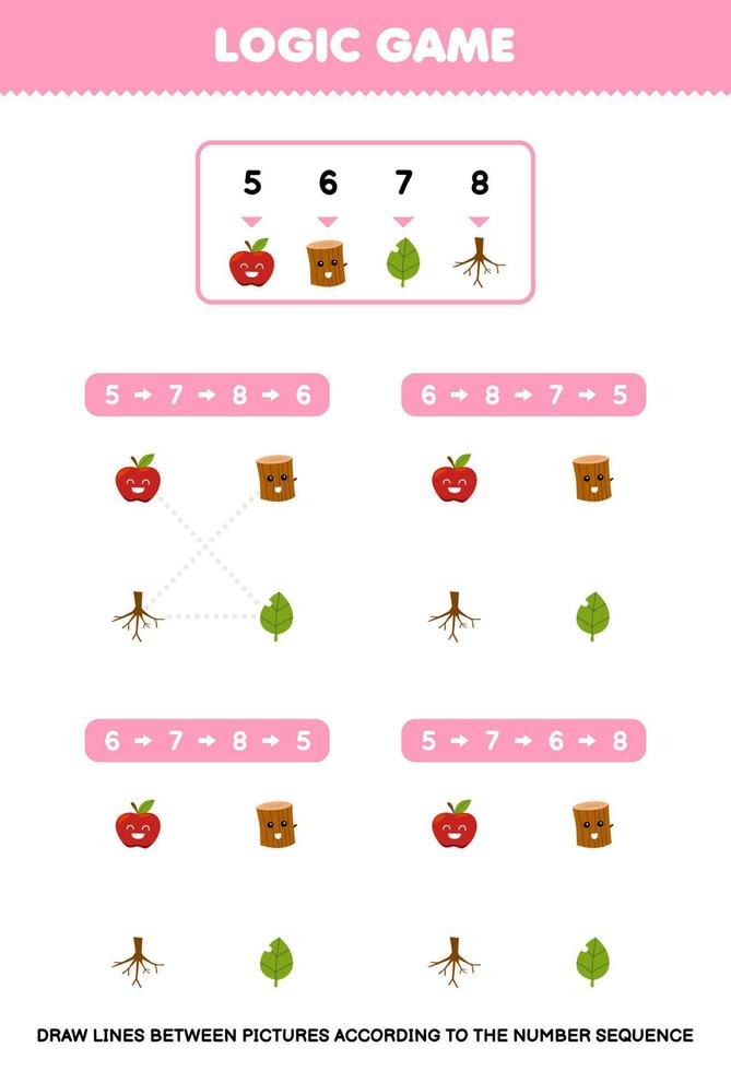 Education game for children draw lines according to the number sequences of cute cartoon apple wood log leaf root pictures printable nature worksheet vector