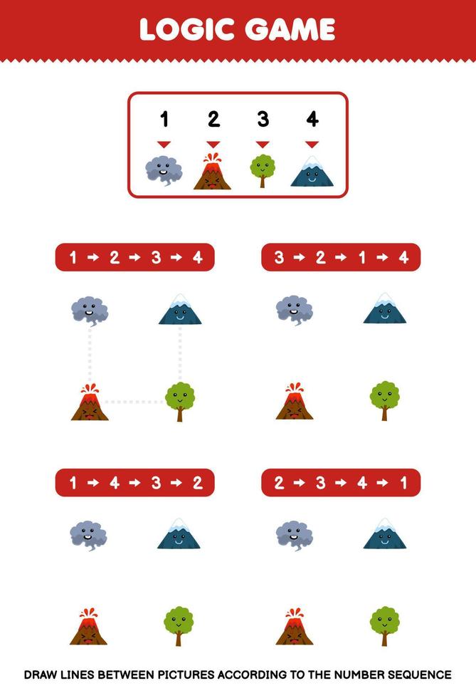 Education game for children draw lines according to the number sequences of cute cartoon smoke volcano tree mountain pictures printable nature worksheet vector