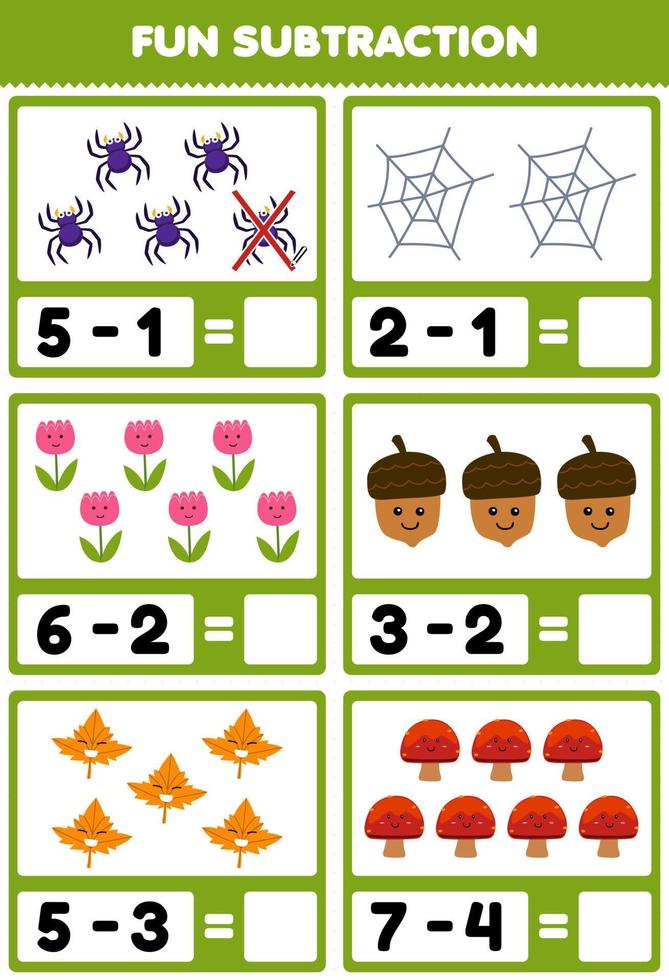 Education game for children fun subtraction by counting and eliminating cute cartoon spider web flower acorn maple leaf mushroom printable nature worksheet vector