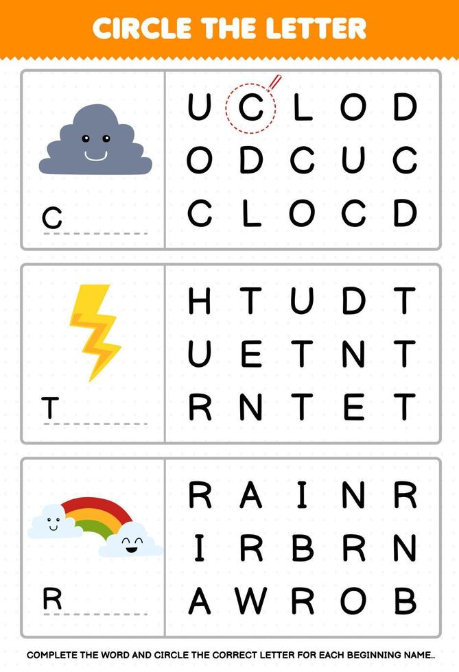 Education game for children circle the beginning letter from cute cartoon cloud thunder rainbow printable nature worksheet vector