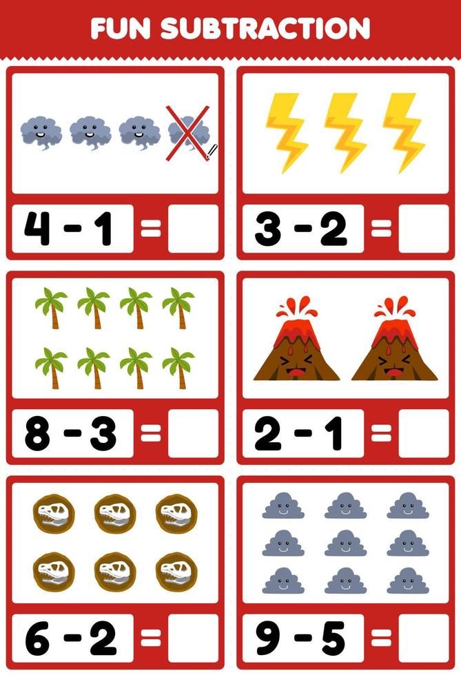 Education game for children fun subtraction by counting and eliminating cute cartoon smoke volcano thunder cloud tree fossil printable nature worksheet vector