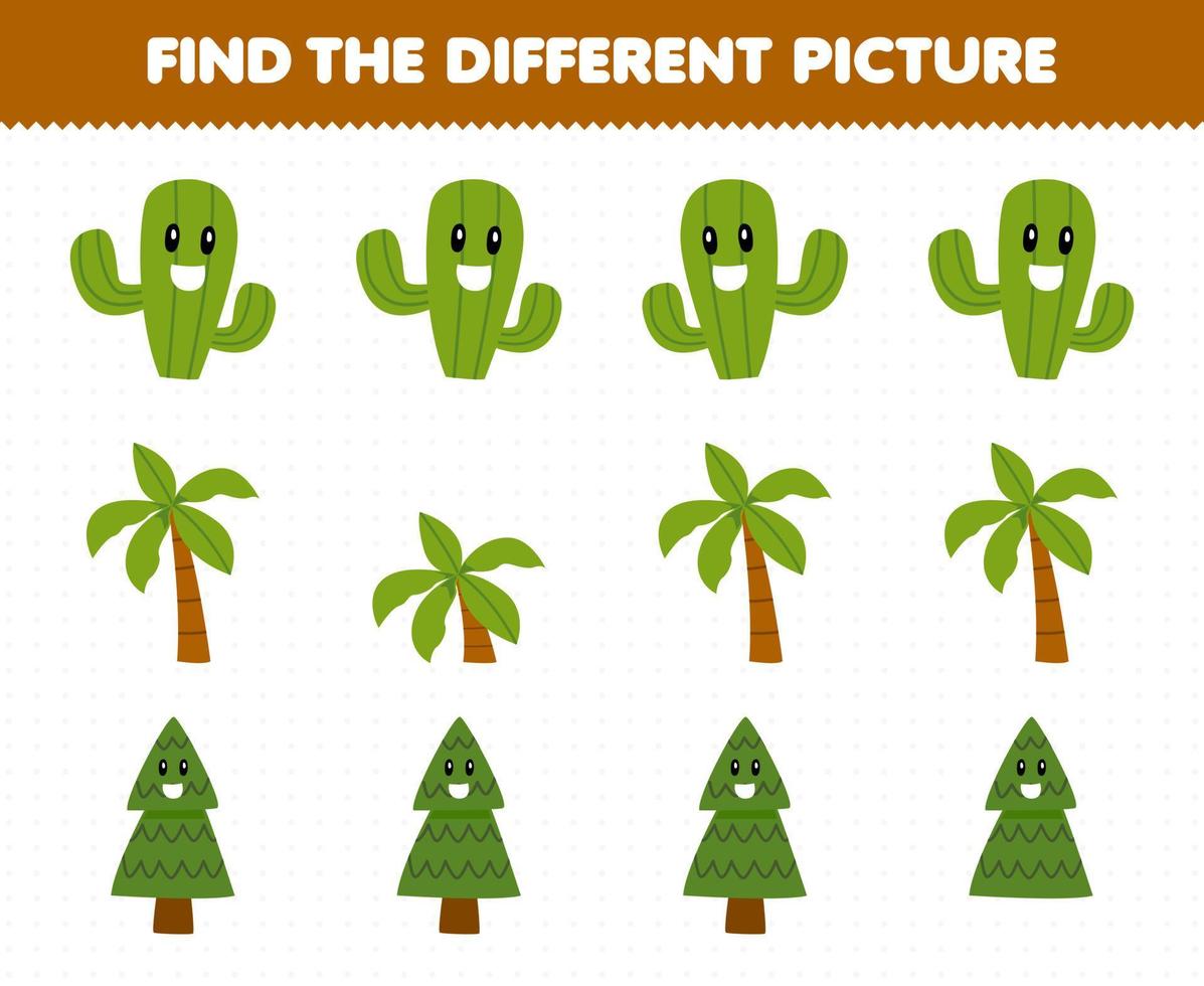 Education game for children find the different picture in each row of cute cartoon cactus palm tree printable nature worksheet vector