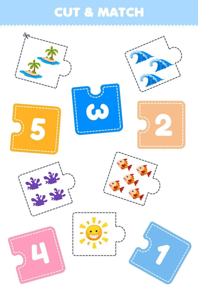 Education game for children cut piece of puzzle and match by number of cute cartoon sun island wave coral fish printable nature worksheet vector