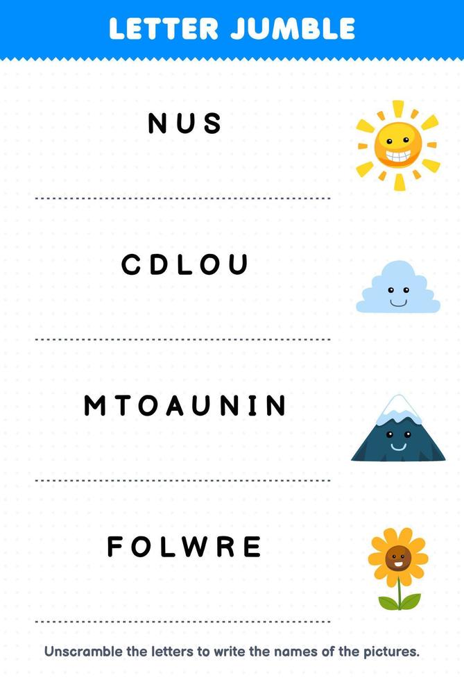 Education game for children letter jumble write the correct name for cute cartoon sun cloud mountain flower printable nature worksheet vector