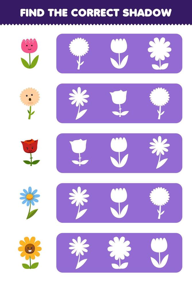 Education game for children find the correct shadow silhouette of cute cartoon flower printable nature worksheet vector