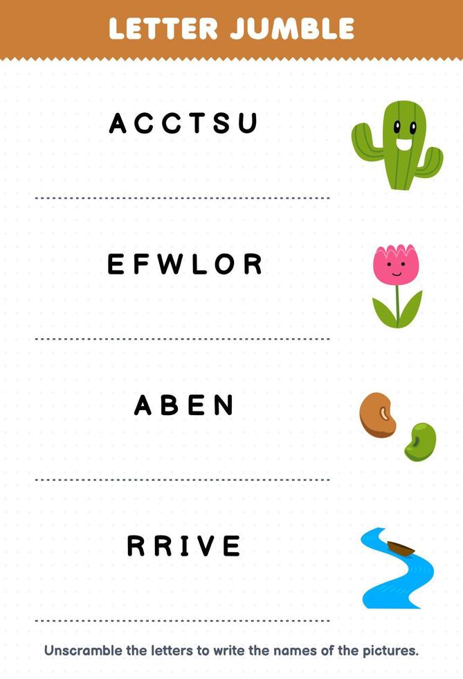 Education game for children letter jumble write the correct name for cute cartoon cactus flower bean river printable nature worksheet vector