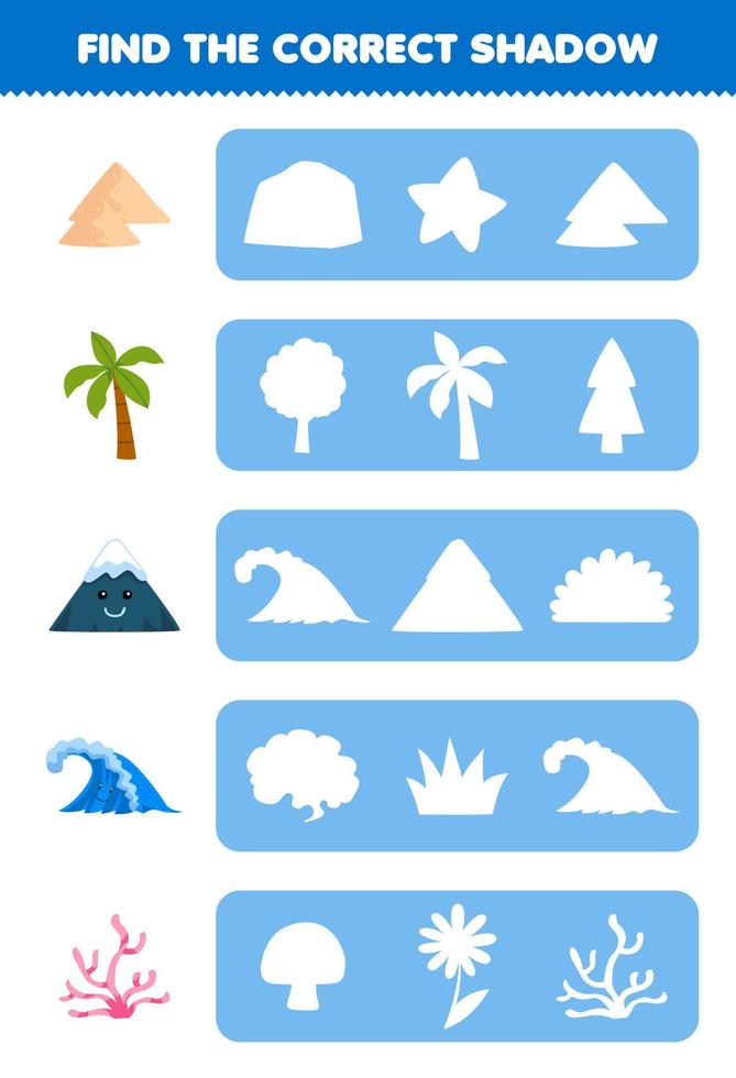 Education game for children find the correct shadow silhouette of cute cartoon sand palm tree mountain wave coral printable nature worksheet vector