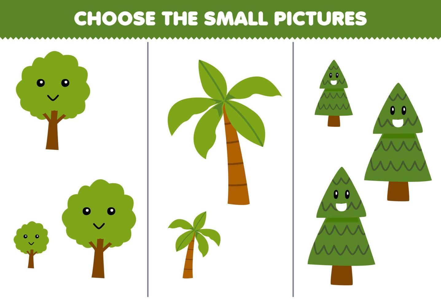 Education game for children choose the small picture of cute cartoon tree printable nature worksheet vector