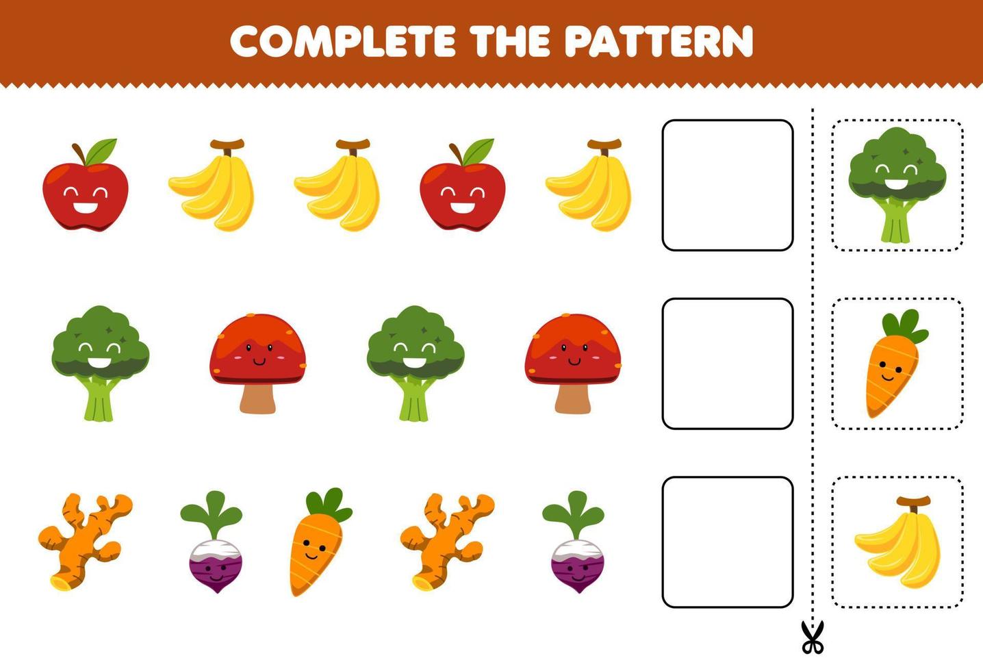 Education game for children cut and complete the pattern of each row from a cute cartoon apple banana broccoli mushroom turmeric beet carrot worksheet vector