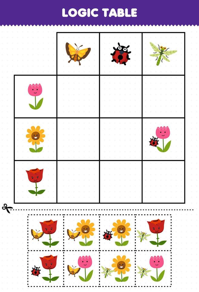 Education game for children logic table cartoon butterfly ladybug and dragonfly match with flower printable nature worksheet vector