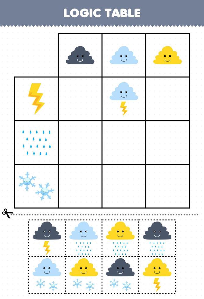 Education game for children logic table cartoon cloud match with thunder rain or snowflake printable nature worksheet vector