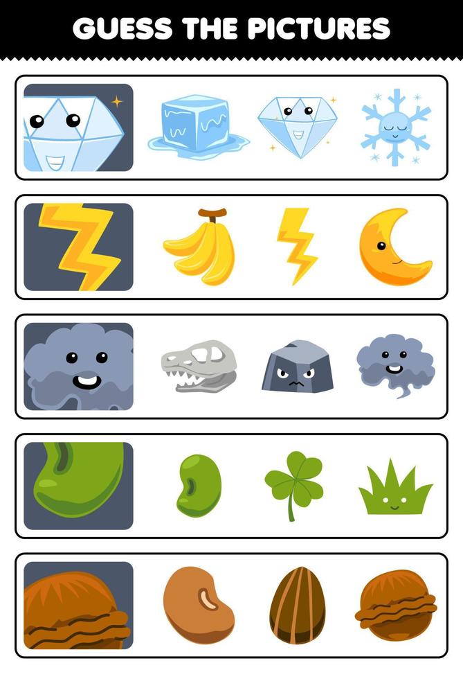 Education game for children guess the correct pictures of cute cartoon diamond thunder smoke bean nut printable nature worksheet vector