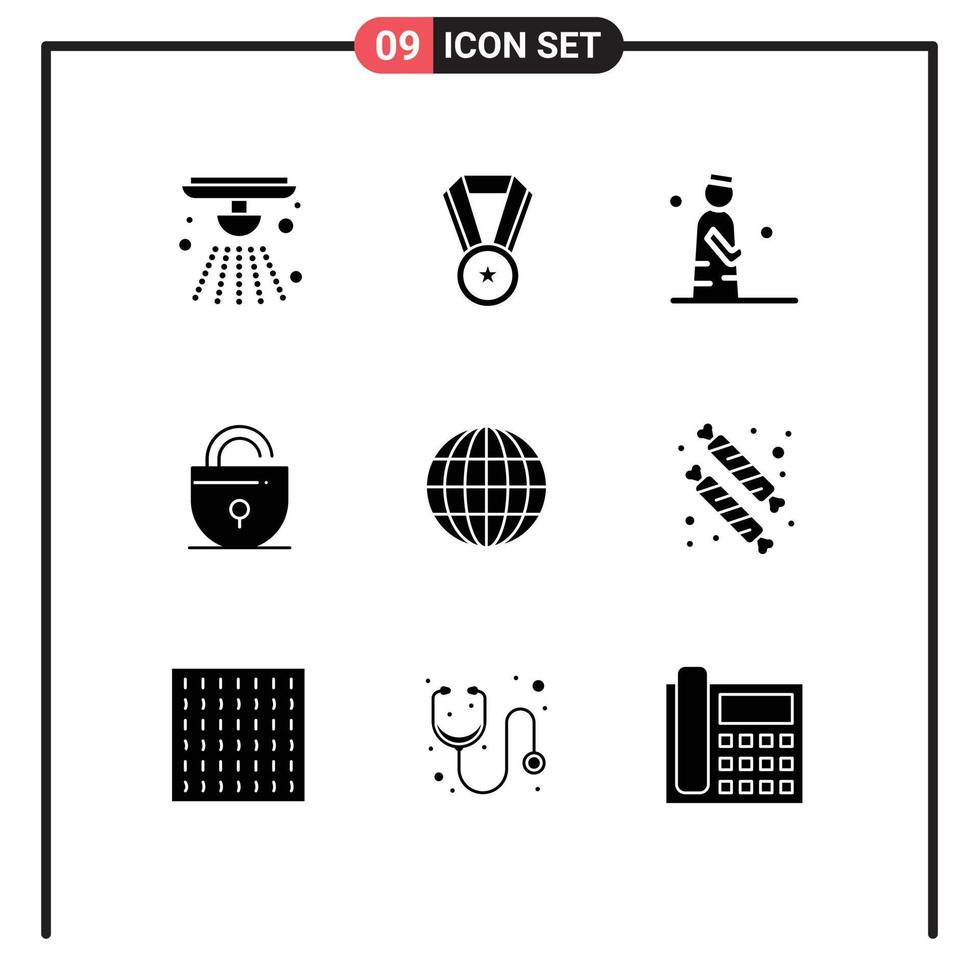 Mobile Interface Solid Glyph Set of 9 Pictograms of internet internet man security lock Editable Vector Design Elements