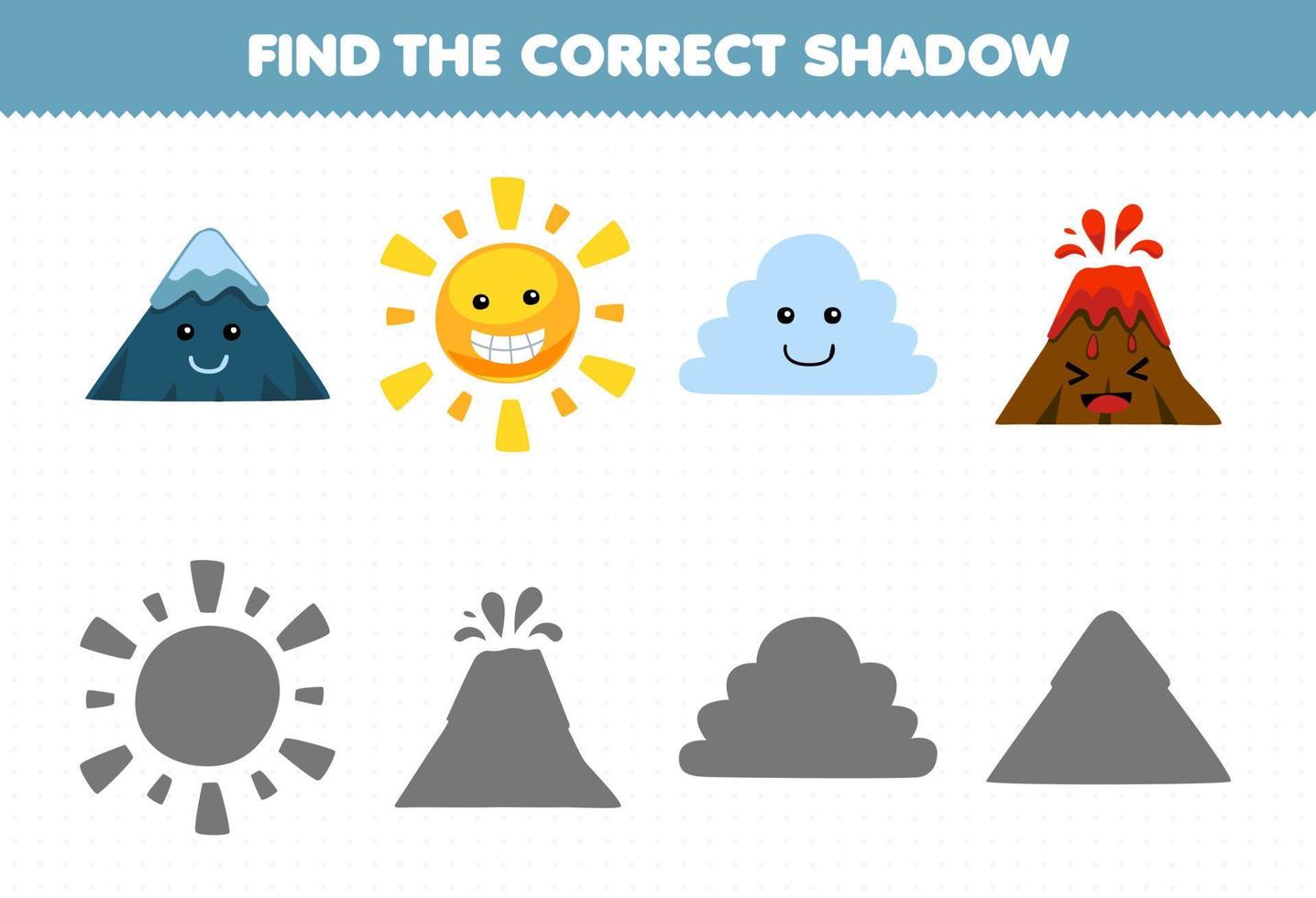 Education game for children find the correct shadow set of cute cartoon sun mountain cloud volcano printable nature worksheet vector