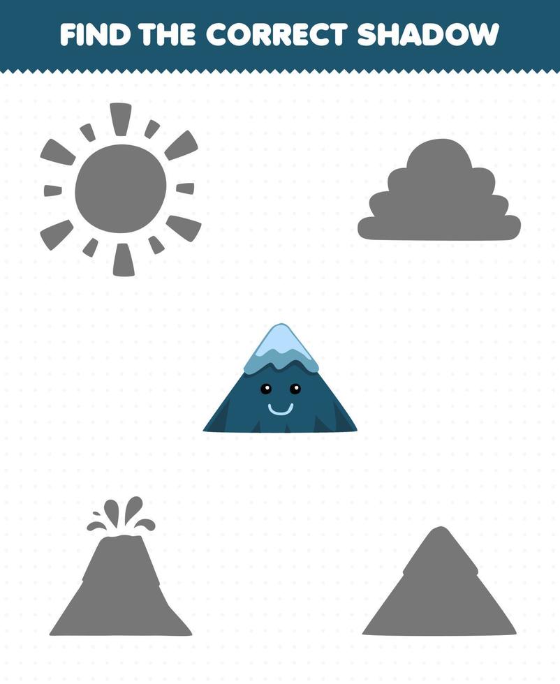 juego educativo para niños encontrar la sombra correcta conjunto de hoja de trabajo de naturaleza imprimible de montaña de dibujos animados lindo vector