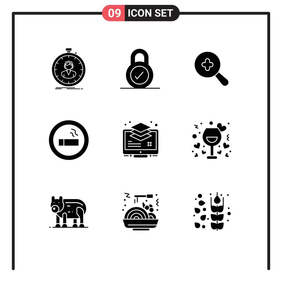 Universal Icon Symbols Group of 9 Modern Solid Glyphs of layers arrange expanded science cigarette Editable Vector Design Elements