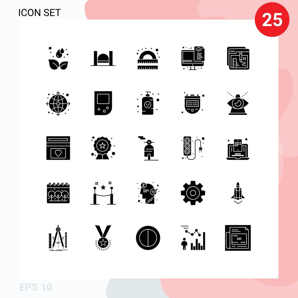 Universal Icon Symbols Group of 25 Modern Solid Glyphs of files optimization river coding ruler Editable Vector Design Elements