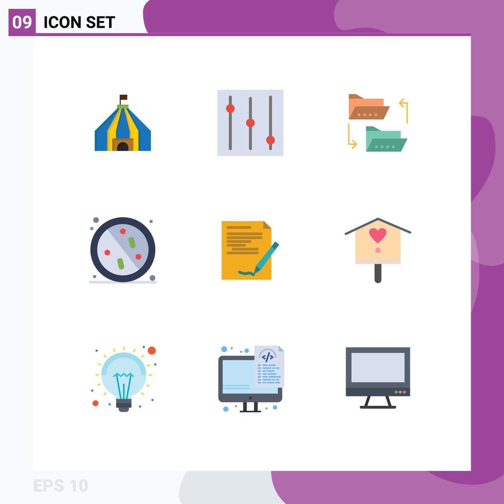 Mobile Interface Flat Color Set of 9 Pictograms of document agreement sharing hospital healthcare Editable Vector Design Elements