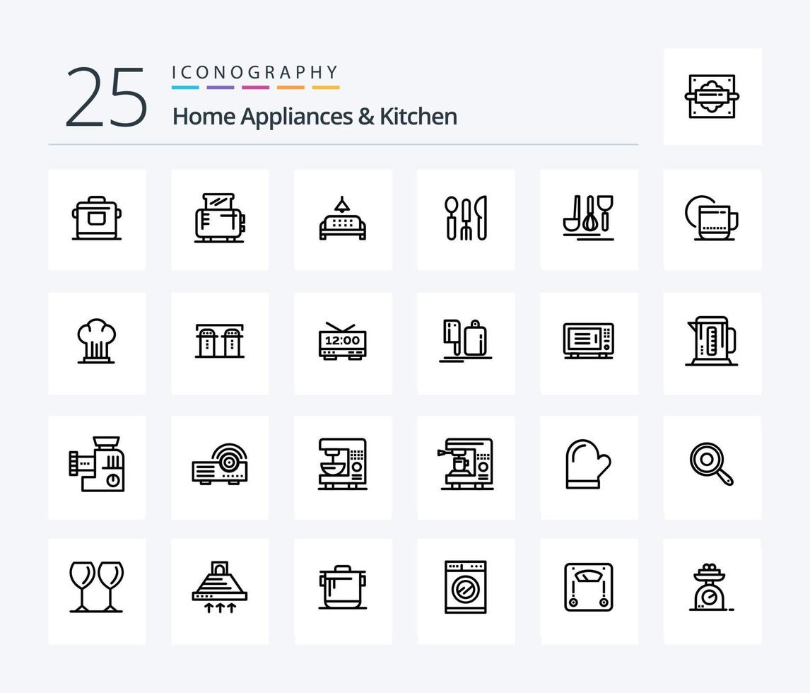 Home Appliances And Kitchen 25 Line icon pack including kitchen. home. machine. lump. sofa vector