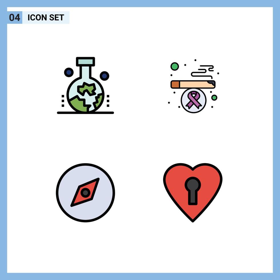 Pack of 4 Modern Filledline Flat Colors Signs and Symbols for Web Print Media such as geography navigation study of earth surface smoking love Editable Vector Design Elements