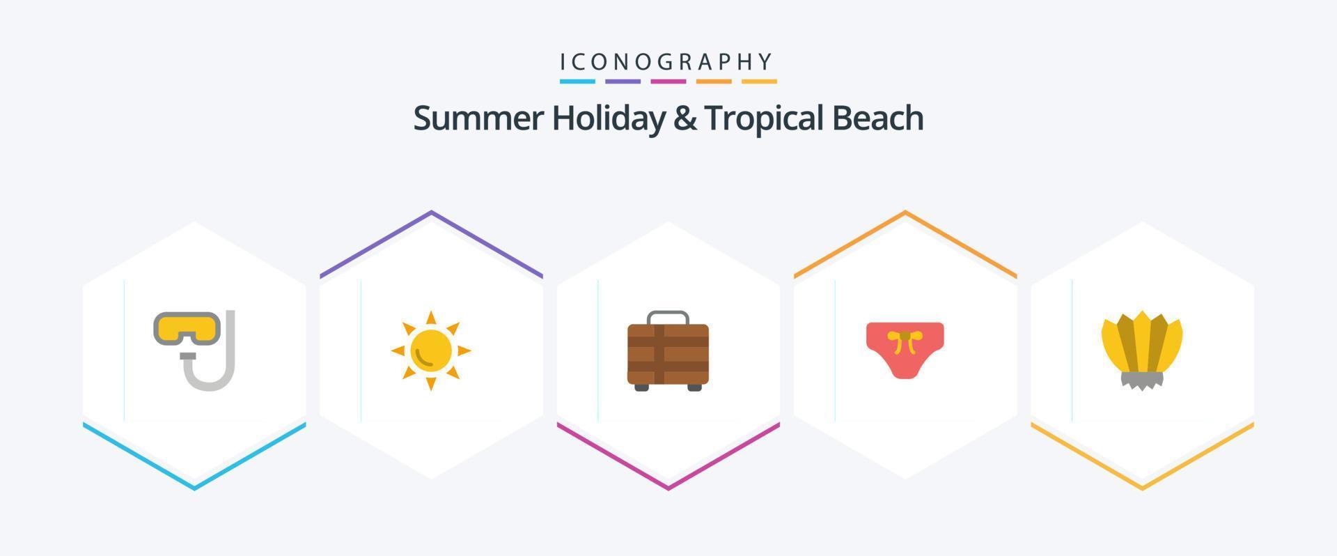 paquete de iconos planos de playa 25 que incluye aletas. buceo. vacaciones. ropa. bikini vector