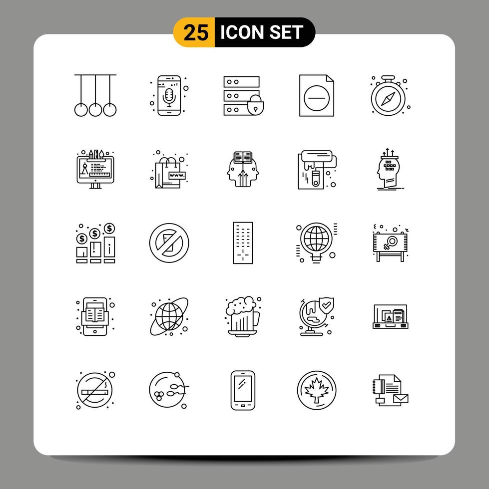 25 Universal Line Signs Symbols of watch pause device file delete Editable Vector Design Elements