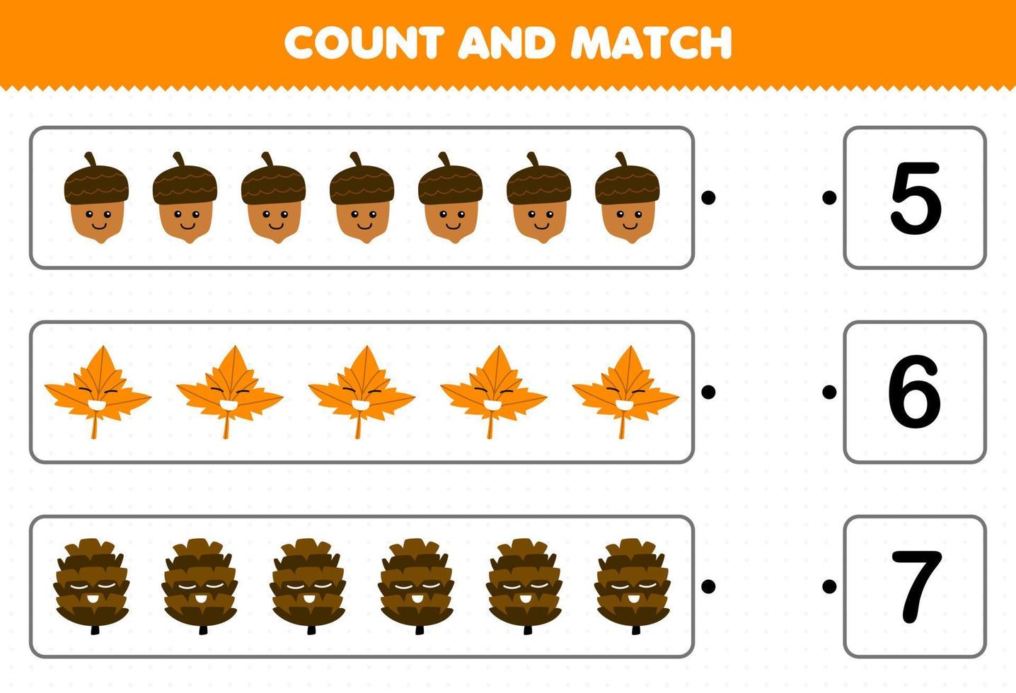 Education game for children count the number of cute cartoon acorn maple leaf pinecone and match with the right numbers printable nature worksheet vector